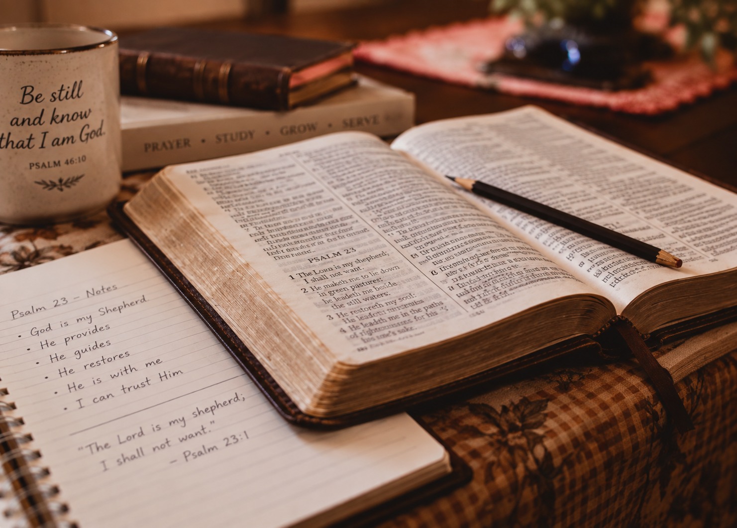 Open Christian Bible and study notebook on a wooden table